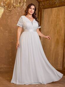 XUIBOL 高品质弹力优雅雪纺刺绣拼布超修身加大码 V 领晚礼服，适合约会之夜、婚礼、派对、生日、周年纪念、鸡尾酒会、正式晚会、婚礼嘉宾、单身派对、节日、夏季/秋季 - 白色 - 查看 3