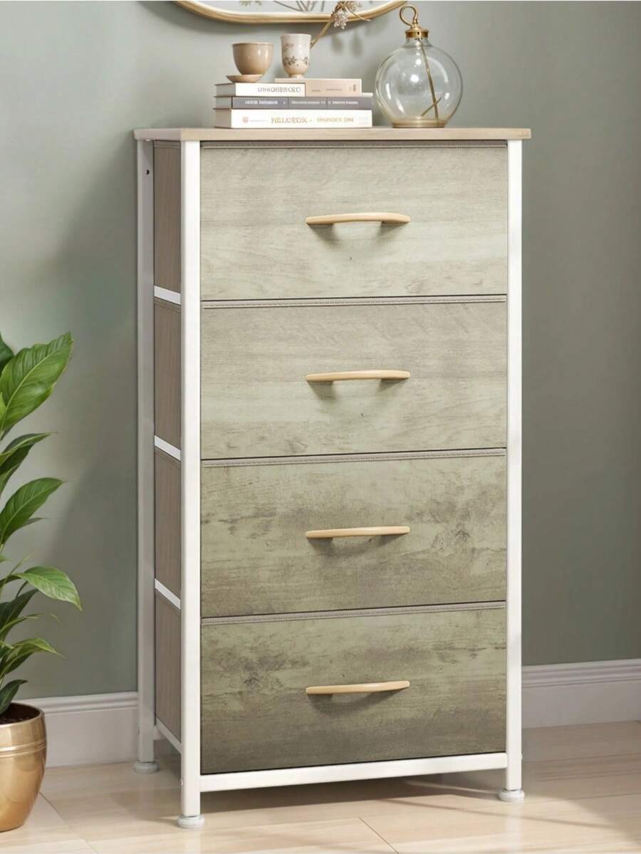 Metal Frame & MDF Wood 4-Drawer Fabric Dresser (17.7"L X 11.8"W X 37.4"H) - Foldable Storage Organizer, Spacious Drawers, Wall-Anchored Safety, Modern Style Oak Greige - Ideal For Bedroom, Living Room, Hallway, Dorm, Entryway, Closet - Xám - Xem 1
