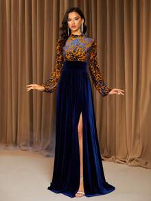 海军蓝色提花领长袖天鹅绒拼布优雅派对晚礼服