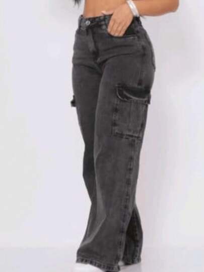 Calça Jeans Wideleg Feminina Cargo Grafite Bolso Lateral