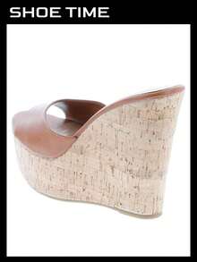 Women's Platform Wedge Slide Sandals – Open Toe Slip-On High Heel Mules With Cork Design - Tan - View 3