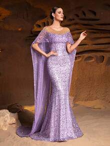 Luxury Lavender Sequined & Crystal Embellished Mermaid Gown - Sheer Cape Sleeves With Deep V Neck For Red Carpet Events, Opera Galas And Charity Balls