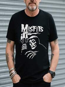 Misfits Graphic Print Men's T-Shirt - Black Casual Crew Neck Tee With Skull & Text Design, Lightweight Polyester Summer Shirt For Adults, Fan Merchandise  Edgy Casual Style  Polyester Fabric - màu đen - Xem 1