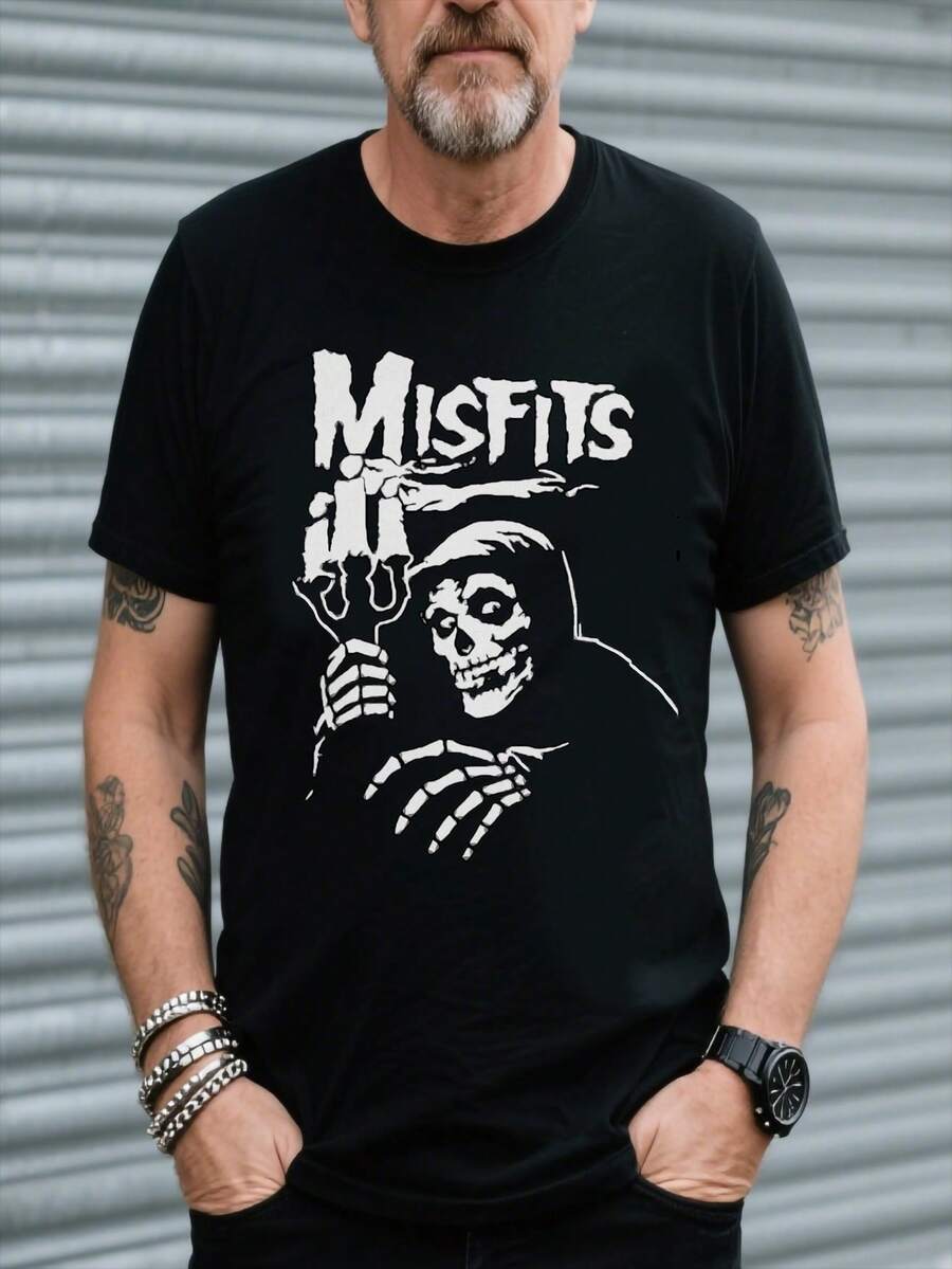 Misfits Graphic Print Men's T-Shirt - Black Casual Crew Neck Tee With Skull & Text Design, Lightweight Polyester Summer Shirt For Adults, Fan Merchandise  Edgy Casual Style  Polyester Fabric - màu đen - Xem 1