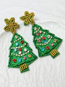 1 Pair Of Vintage Handmade Beaded And Rhinestone Christmas Tree Earrings For Women, Perfect For The Holidays