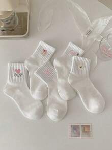 5双装儿童白色蝴蝶结、兔子、花卉蕾丝弹力中筒袜，春夏款 - 彩色 - 查看 1