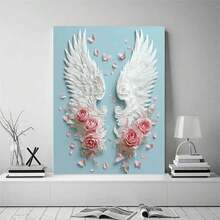 1pc Angel Wings Canvas Art With Floral Accents - Framed, Ready To Hang Wall Decor For Home, Office, Living Room, Bedroom -Pastel Colors, Perfect Holiday Gift, Hanging Decor - 白色 - 查看 3