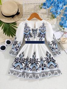 Young Girls' Autumn Elegant Dress With Belt, Suitable For Casual Daily And Outdoor Wear