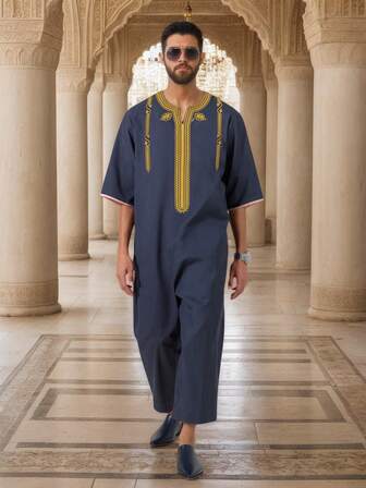 Muslim Men's Thobe Short-Sleeved Embroidery Moroccan Clothing Islamic Loose Men Moroccan Caftan Abaya Dress