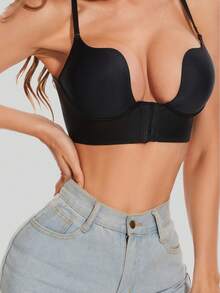 前开合无缝 U 罩杯性感提升乳沟舒适一体式日常文胸，配有可拆卸透明肩带 - 黑色 - 查看 5