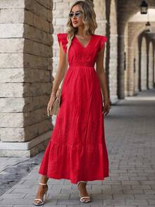 Long Beach Dress With Wrap Hem And Ruffle, Vacation Outfit For Women - Red - View 3