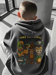 1件装男童休闲印花套头卫衣，保暖内衬，长袖，秋冬季