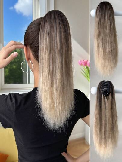 Klauen-förmige Haarverlängerung für den Zopf, braun verlaufend, 40 cm gerades, hitzebeständiges synthetisches Zopfhaar, geeignet für den täglichen Gebrauch von Frauen