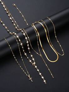 5 件时尚简约十字架吊坠，仿珍珠 Y 型项链套装，金色，女士多层项链，适合度假、约会、派对、生日、圣诞礼物，百搭日常佩戴