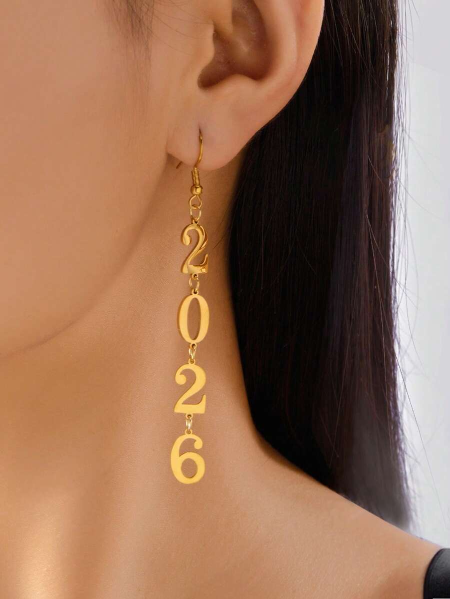 1对欧美2026新年耳环创意几何镂空时尚简约数字耳环女耳钉 - 金色 - 查看 1