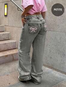 Y2K风格宽松直筒牛仔裤，后袋饰有蝴蝶结，欧美跨境新款休闲春季单品 - 淺灰色 - 查看 6