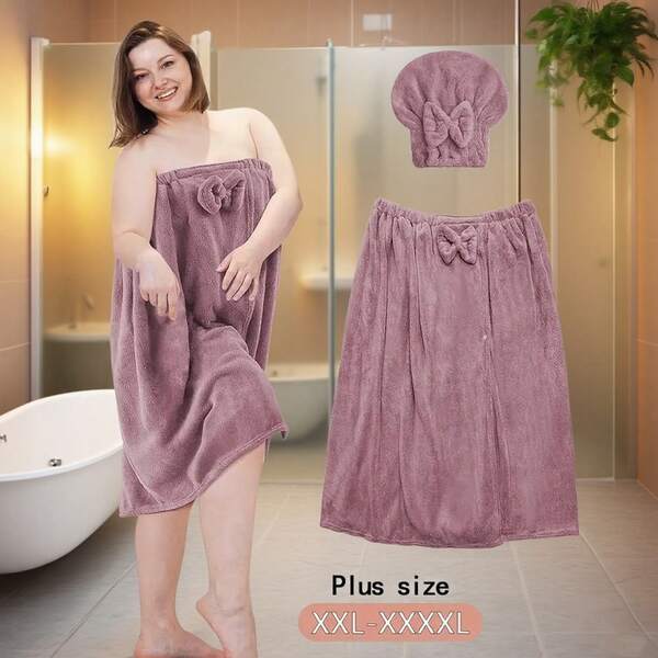 2pcs Plus Size Coral Velvet Ladies Bathrobe, Extra-Large Thick Coral Velvet, Soft Super Absorbent Polyester Fiber, Wear-Resistant Bath Towel Wrapped Ladies Absorbent Beach Spa Gym Bathrobe, Summer Wedding Bathroom Decoration Back-To-School Home Trip Christmas Gift.