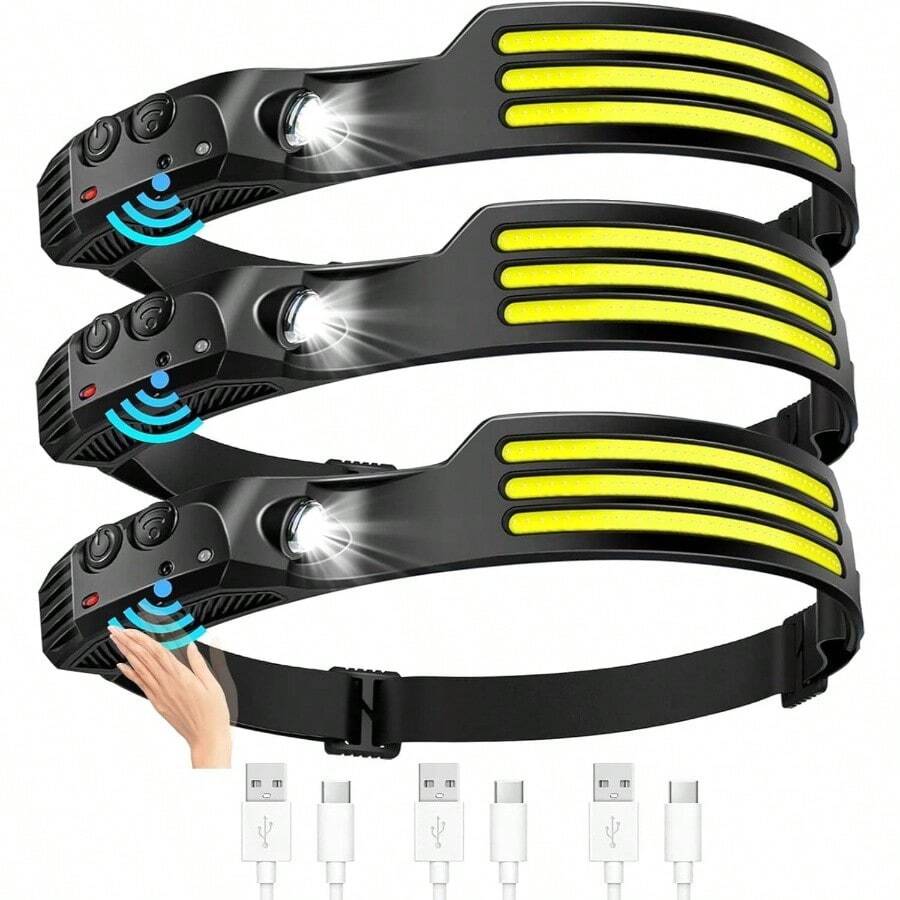 3pcs Lampara de Cabeza - Impermeable Linterna de Cabeza LED de Deteccin Inteligente Brillante Lmpara de Cabeza con USB Gran Angular de 230 para Acampar, Correr, Caminar - inicial - Ver 1