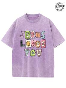 Jesus Loves You Retro Streetwear Graphic Tee With Geometric Print-230G Heavyweight Cotton Unisex T-Shirt, Printed Shirt,Loose Fit Round Neck Short Sleeve For Family Gatherings & Summer Outdoor Casual Wear, Everyday Outfit, Durable Construction,Streetwear, Men And Women - 紫色 - 查看 1