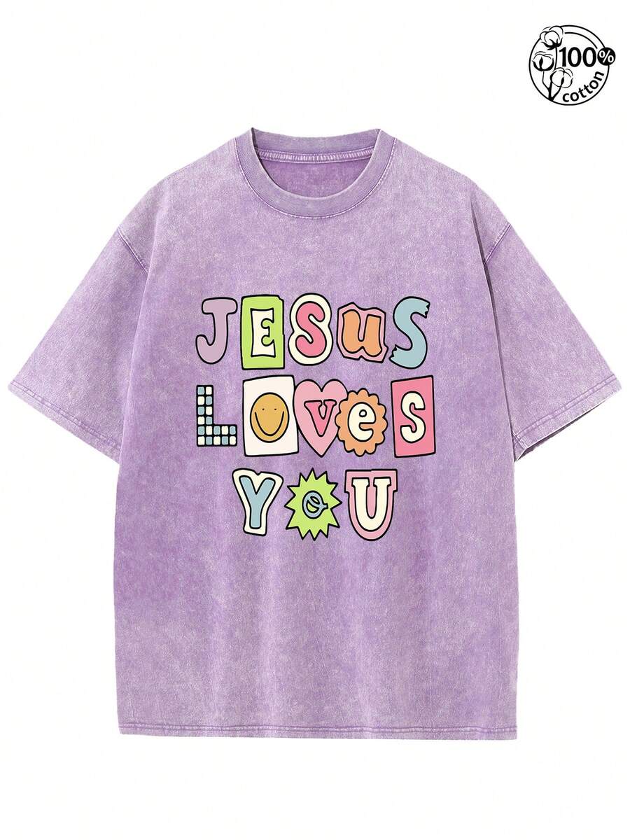 Jesus Loves You Retro Streetwear Graphic Tee With Geometric Print-230G Heavyweight Cotton Unisex T-Shirt, Printed Shirt,Loose Fit Round Neck Short Sleeve For Family Gatherings & Summer Outdoor Casual Wear, Everyday Outfit, Durable Construction,Streetwear, Men And Women - 紫色 - 查看 1