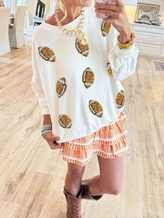 比赛日亮片橄榄球图案休闲可爱运动衫