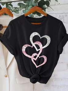Estampado de patrón en forma de corazón rosa plateado Este producto está diseñado como un patrón impreso, los strass/lentejuelas solo se usan para efecto visual Camiseta de manga corta cuello redondo tops casuales verano primavera Ropa de mujer - Negro - Ver 6