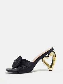 Women's Square Toe High Heel Sandals, Elegant Comfortable Casual Chunky Heel Shoes With Bowknot, Open Toe, Breathable Asymmetric Heel, Slip On Mules, Black High Heel Slides - 黑色 - 查看 4