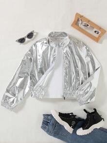 Girls' Casual Zip-Up Short Dropped Shoulder Long Sleeve Jacket, Spring/Autumn