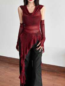 Top Dazzle Cor Sólida Ajustado Streetwear Capuz Regata Malha - Vermelho - Visão 4