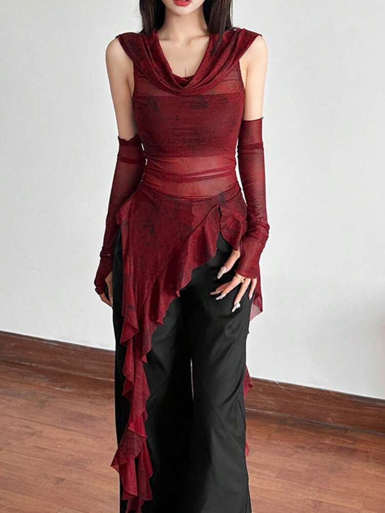 トップ ダズル ソリッドカラー フィッテッド ストリートウェア フーデッド ノースリーブ メッシュトップ - レッド - 見る 4