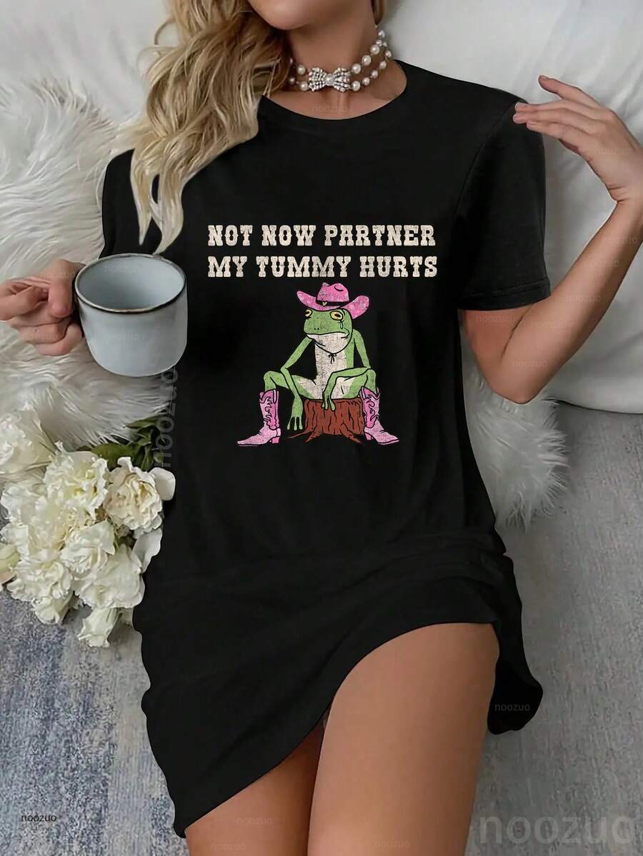 Funny Cowboy Frog Tummy Hurts Dress Pajamas Sleepdress Nightshirt - 黑色 - 查看 1