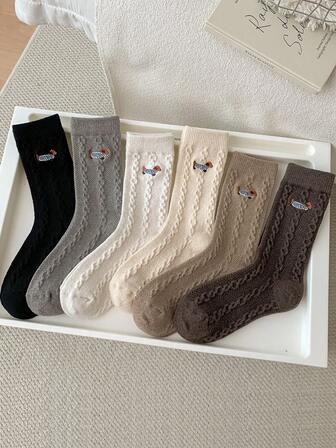 1 Pair Women Thick Wool Socks Warm Casual Cute Dog Solid Color Simple Style Embroidery Crew Socks