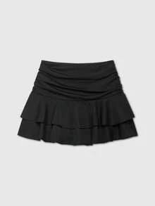 Women's Casual Solid Color Drawstring Pleated Layered Mid-Waist Skorts