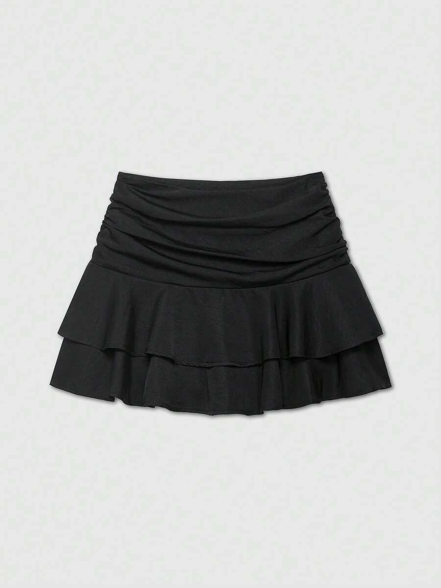 Women's Casual Solid Color Drawstring Pleated Layered Mid-Waist Skorts