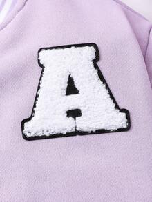Tween Girl Letter Graphic Contrast Color Sporty Campus Style Baseball Jacket And Pleated Mini Skirt Casual Set - Purple - View 4