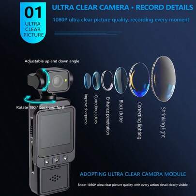 1080P 全高清迷你运动相机，支持 WiFi 和 App 控制，内置 1000mAh 可充电电池，16 倍数码变焦和自动对焦 - 轻巧的夹式相机，配有安装配件，适用于骑行、Vlog、运动、旅行 - USB 充电，SD 卡存储，是冒险家的理想礼物 (1000 mAh)