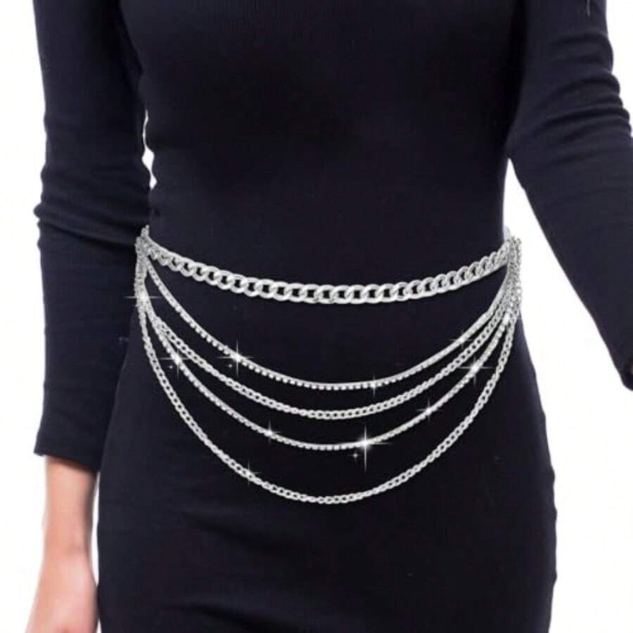 Layered Sparkly Rhinestone Chain Belt Adjustable Bohemian Waist Belt Silver Rhinestones Belly Waistband For Women - như hình ảnh - Xem 1