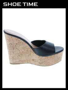 Sandalias de plataforma y cuña para mujer - Sandalias de tacón alto con diseño de corcho y punta abierta - Negro - Ver 6