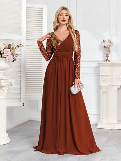 hezixi Sequin Splicing Chiffon A-Line Formal Evening Dress, V-Neck, Long Sleeve Elegant Prom Wedding Guest Gown, For Graduation, Dinner