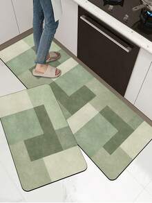 1 件硅藻土厨房垫，现代摩洛哥几何绿色拼布设计，软橡胶缓冲抗疲劳厨房地毯，吸水，防滑，适用于厨房、浴室、洗衣房、入口 - 彩色 - 查看 2
