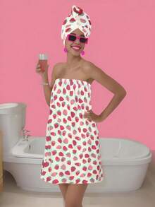 1pc Coral Fleece Strawberry Pattern Tube Top Bathrobe For Women, Soft Absorbent Bath Towel Robe With Hook And Loop Scarf, Towel Robe, Dry Robe, Non-Shedding Sleepwear Bathrobe For Adults & Students, Home Use