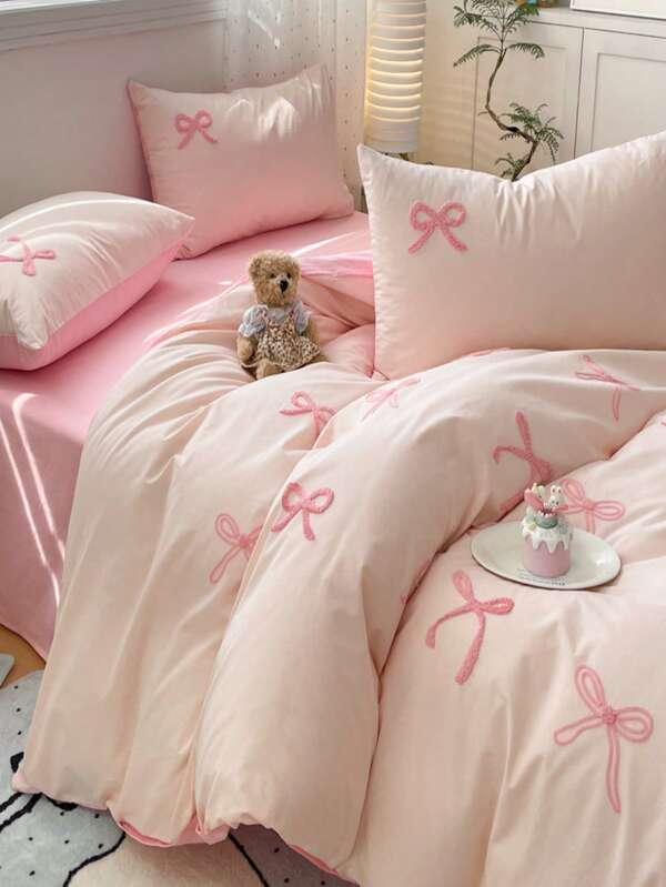 Juego de ropa de cama de 3 piezas con funda nórdica de tamaño queen con bordado de lazo rosa - Juego de ropa de cama de seersucker suave para adultos, vuelta al colegio, con cierre de cremallera, incluye 1 funda nórdica (90"X90") y 2 fundas de almohada, SIN edredón