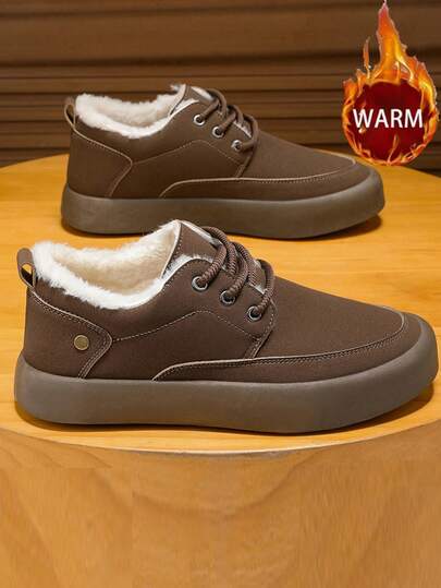 男士休闲鞋冬季新款毛绒内里加厚保暖雪地靴厚底防滑圆头系带面包鞋青年男士休闲简约纯色低帮帆布鞋适合上班校园日常穿着冰雪防滑保暖靴