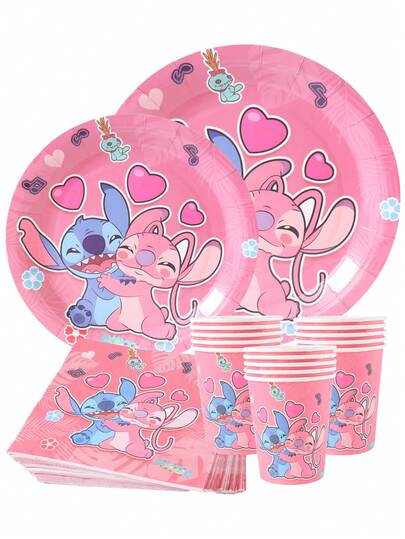 Disney Stitch & Angel Heart Themed Party Supplies, 7/9 Inch Disposable Paper Plates, Cups, Napkins, Party Decorations, One-Time Use Plates, Cups, Napkins, Party Decorations, Birthday Party, Celebration, Gift
