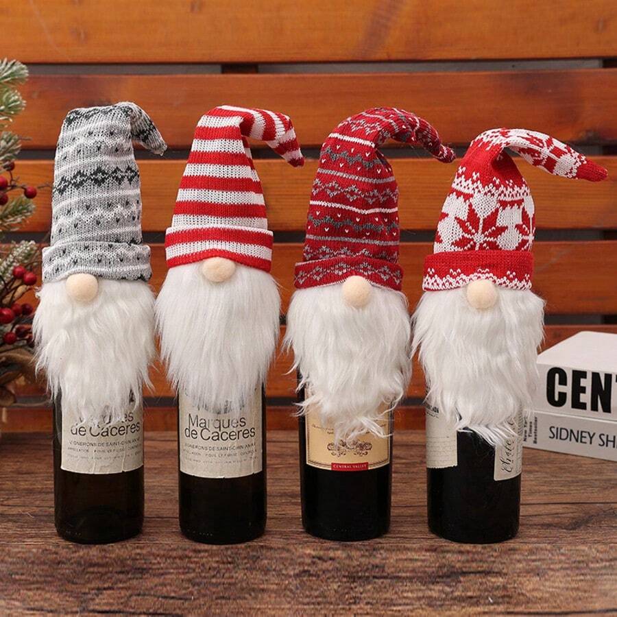 1pc Christmas Decoration Doll Wine Bottle Hat Knitted Forest Old Man Wine Bottle Set, Restaurant Decor