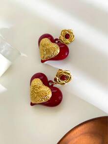 Monlansher 新款女士心形耳环，不锈钢与树脂撞色心形设计，时尚、个性化、奢华，适合日常佩戴 - 金色 - 查看 7