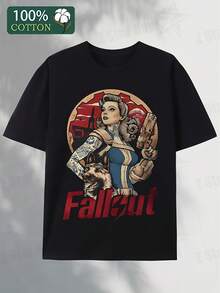 Men's Fallout Nuke Cola Graphic T-Shirt - Post-Apocalyptic Vault Girl Design Gaming Tee - Black With Red Fallout Logo - Soft Breathable 100% Cotton Shirt For Fallout Fans - Machine Washable Video Game Apparel - 黑色 - 查看 2