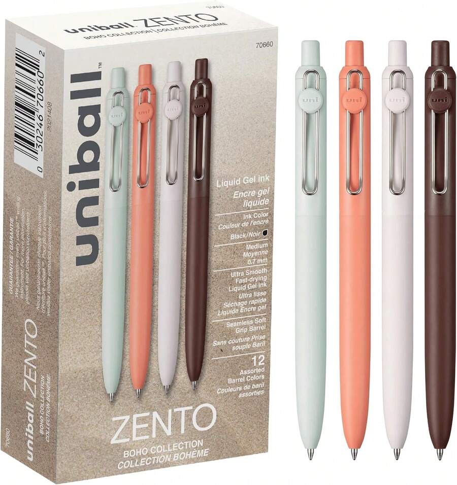 Uniball Zento - Bolígrafos retráctiles de de gel líquido, punta media (0.mm), barriles bohemios, negra, docena - 1 - Ver 1