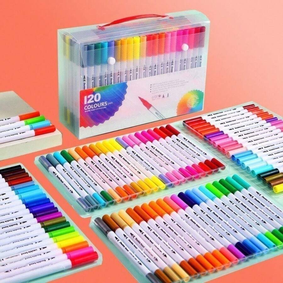 Kit 12/24/36/48/60/80/100/120 Cores Caneta 2 em 1 Brush Lettering e Ponta Fina Dual Pen Canetinha Colorir Desenho Moby - 80 núcleos - Visão 1