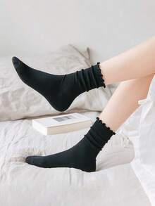 1 Pair/3 Pairs/6 Pairs Japanese Style Ruffle Socks, Cute Women Socks, Fresh Lace Trim Socks, Ruffle Decor Short Socks, White Ruffle Trim Casual Mid-Calf Socks - Multicolor - View 12